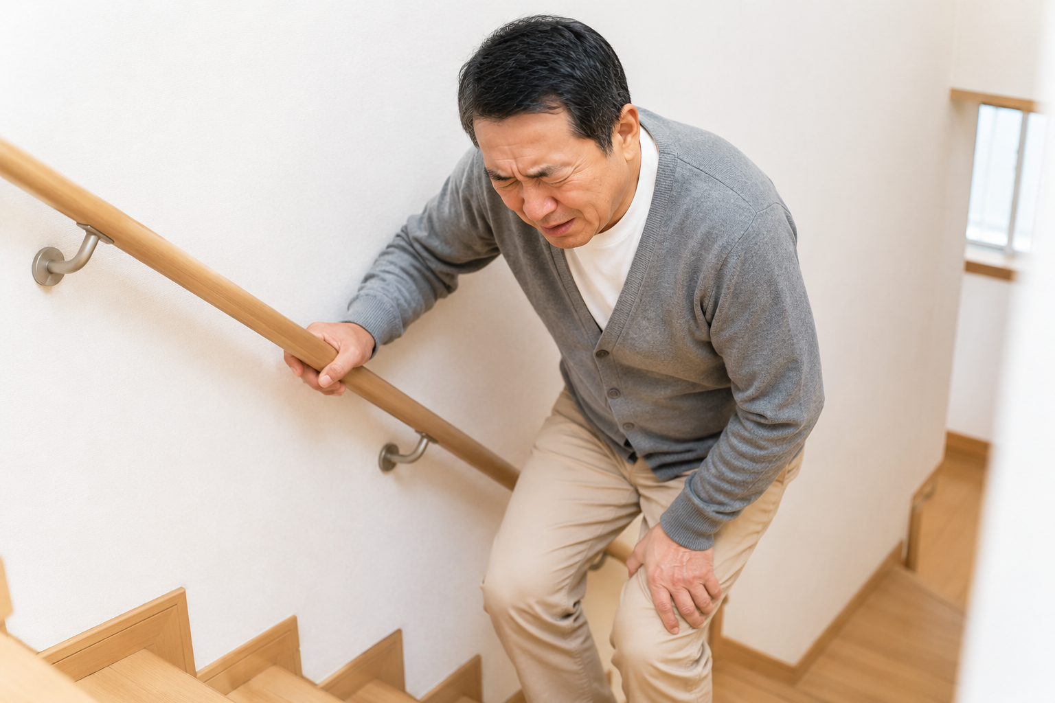 階段を歩く際に膝が気になる中高年の男性