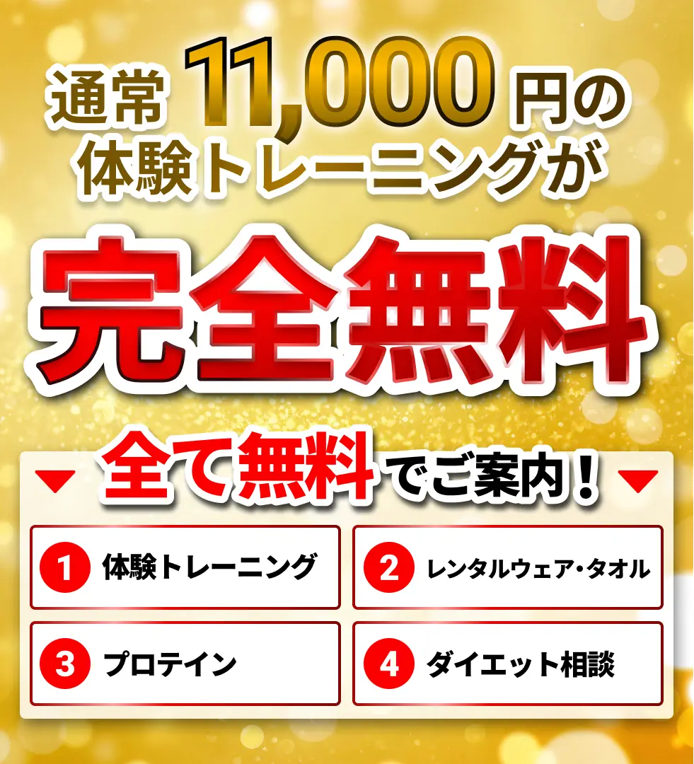 通常11,000円の体験トレーニングが完全無料。体験トレーニング、レンタルウェア・タオル、プロテイン、ダイエット相談が全て無料